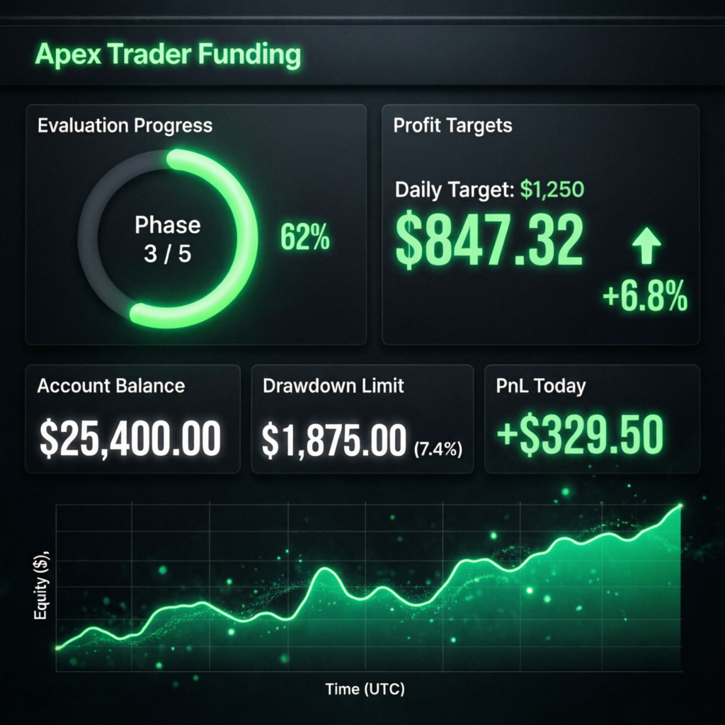 Apex Trader Funding evaluation dashboard showing profit targets and account progress