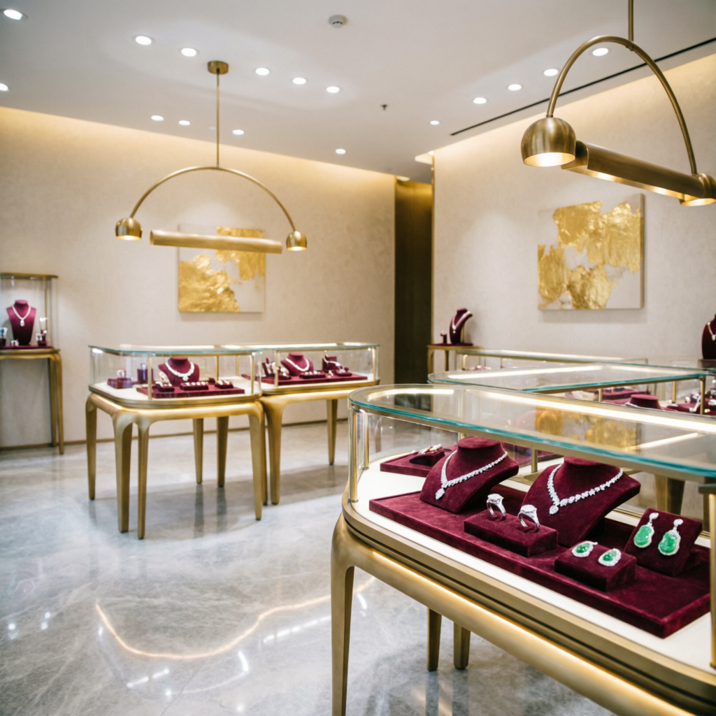 Luxury jewellery showroom interior with gold displays - Aashirwad Jewellers Consultancy Gurugram