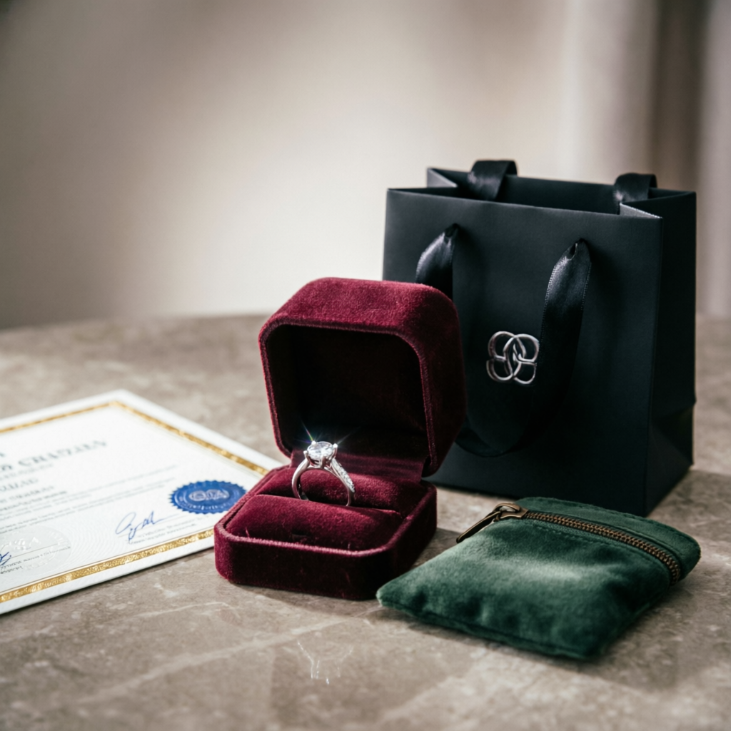 Luxury jewellery packaging with velvet boxes and certificates