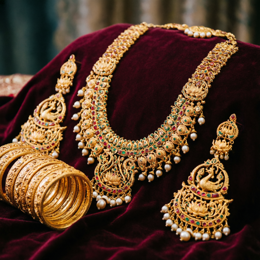 Traditional Indian bridal jewellery set with gold necklace and bangles