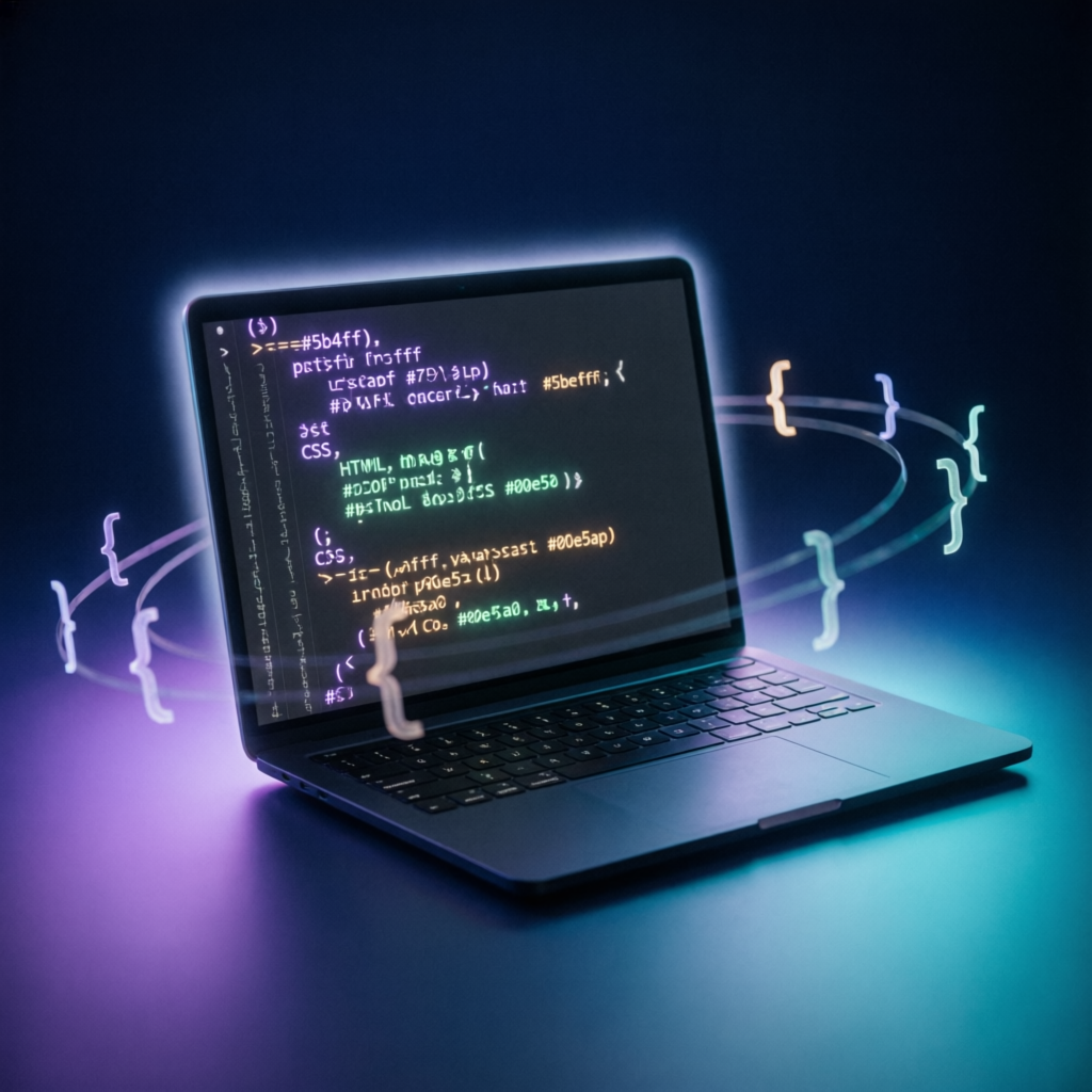 CodeVent Web Development Course — modern laptop workspace with glowing HTML, CSS and JavaScript code