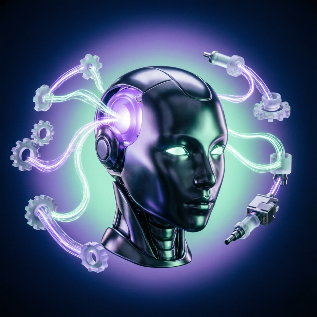 CodeVent AI Automation Course — futuristic AI agent connected to automated workflow nodes and pipelines