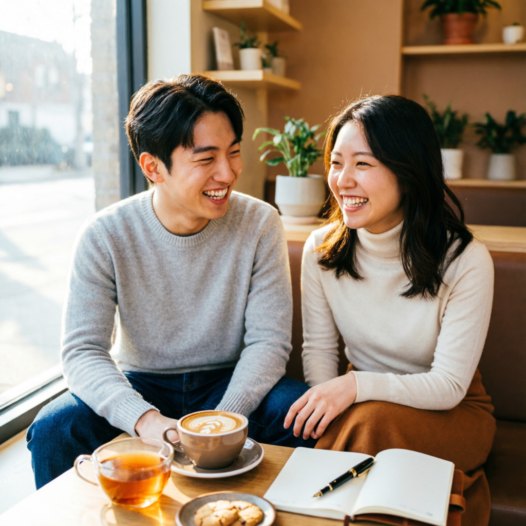 Happy couple laughing in a cozy coffee shop