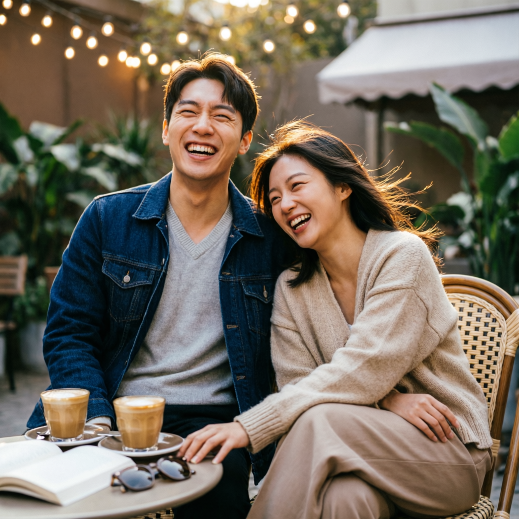 Happy couple laughing together at a café