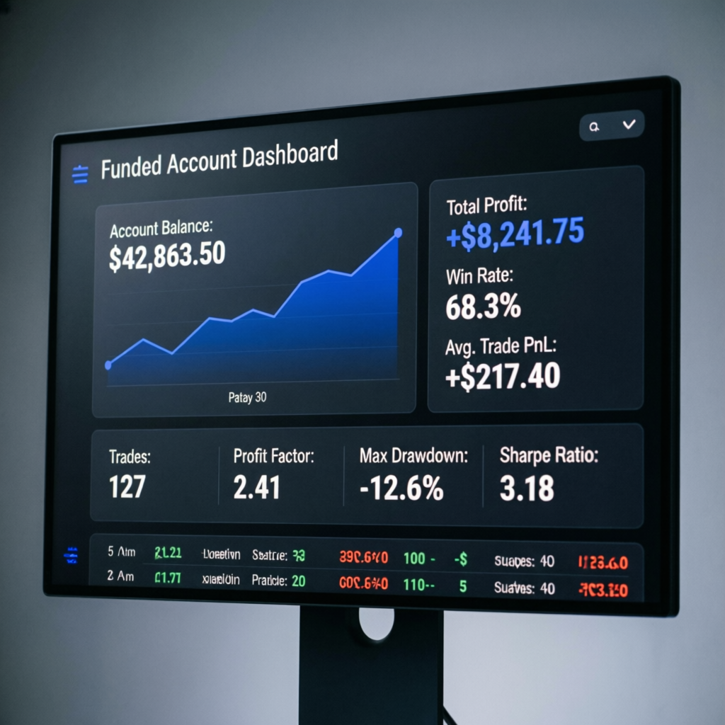 Funded account dashboard showing profit - PFM Capitals results