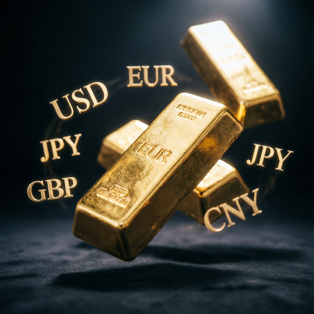 Gold bars and forex currency symbols representing trading profits