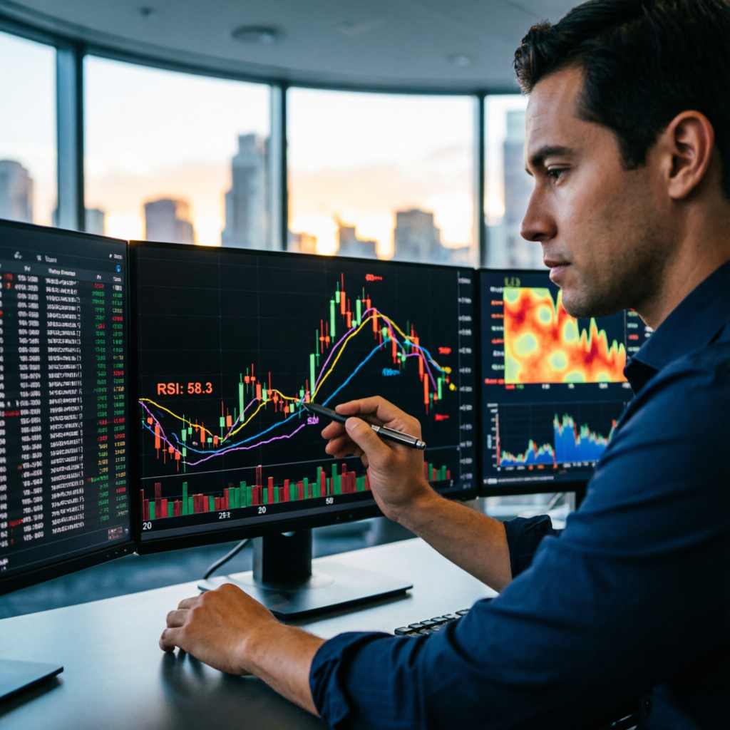 Professional trader using multiple monitors for Topstep futures trading