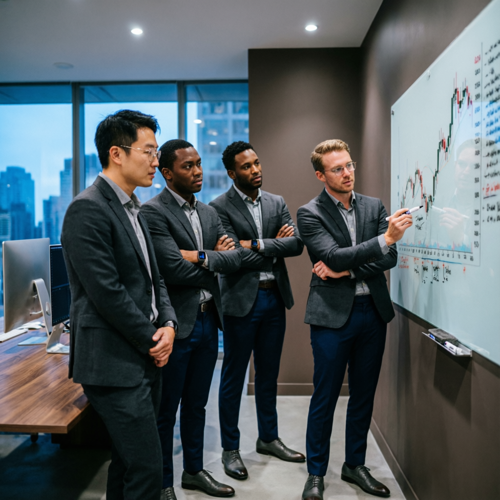 Professional prop firm trading team analyzing strategies