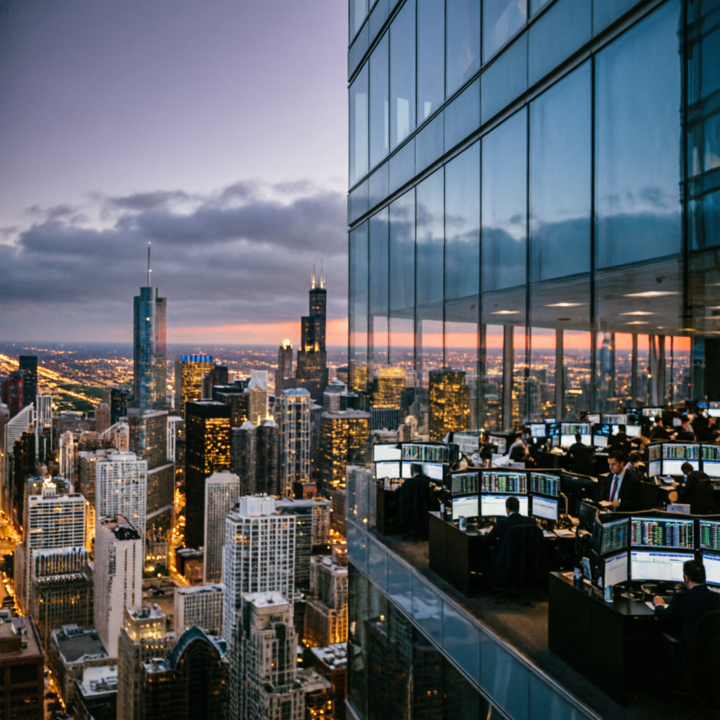 Chicago skyline with Topstep headquarters trading floor