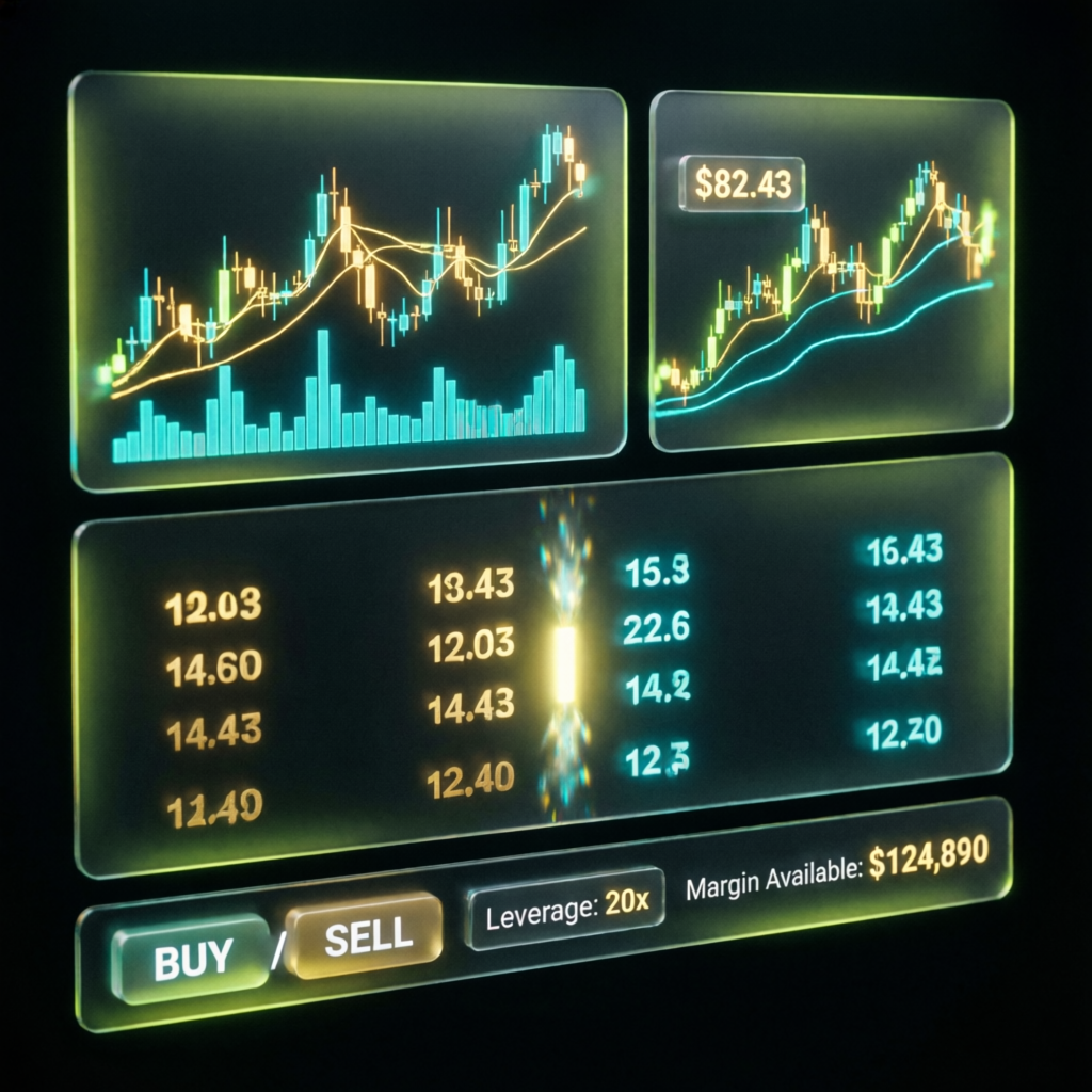 Modern futures trading platform dashboard with candlestick charts and order book visualization
