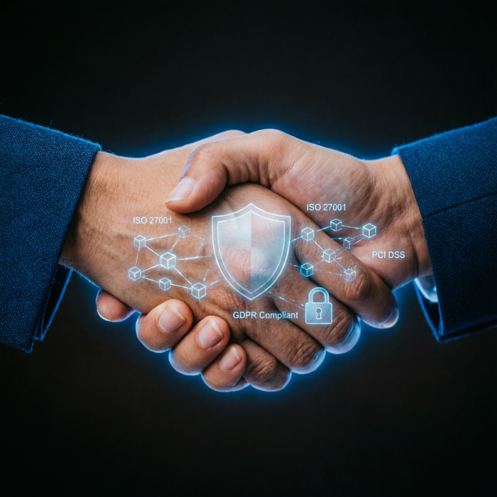 Professional trust and security concept with handshake and digital shield protection
