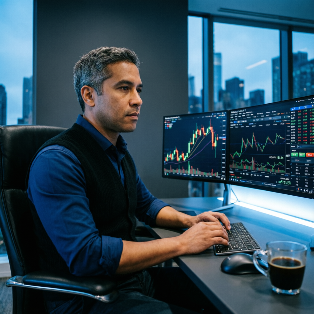 Professional forex trader analyzing multiple monitors with trading charts and risk management tools
