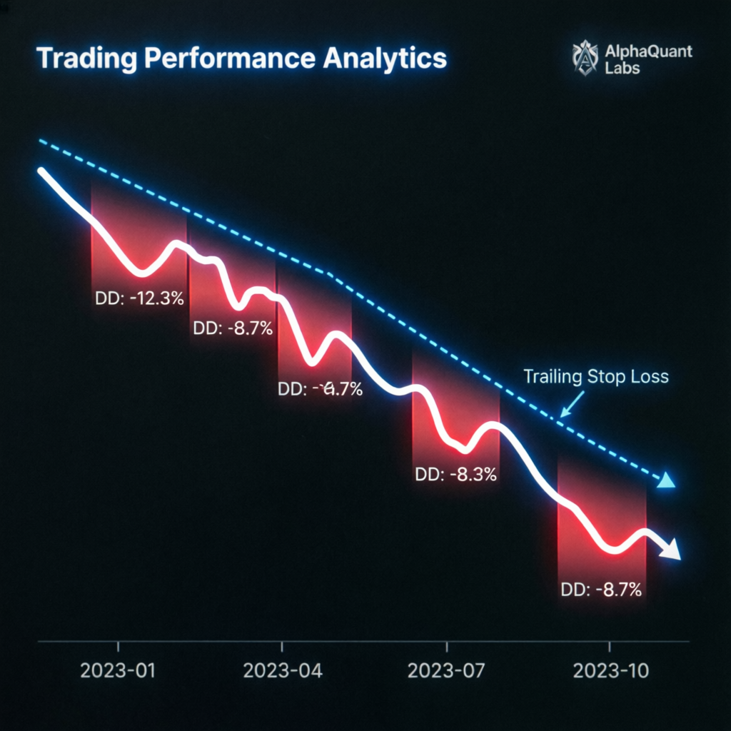 Trading performance analytics showing trailing drawdown and daily drawdown visualization on dark chart