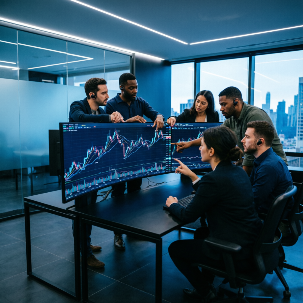 Professional trading team collaborating around multiple monitors with trading charts