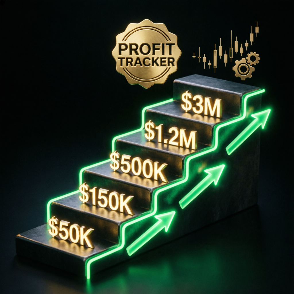 Scaling plan visualization showing profit milestones from 50K to 3M with upward green arrows