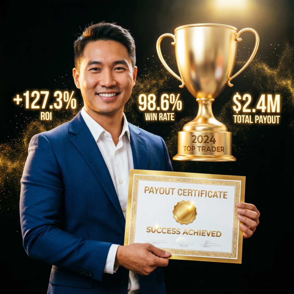 Successful trader holding payout certificate with trophy showing ROI and win rate achievements