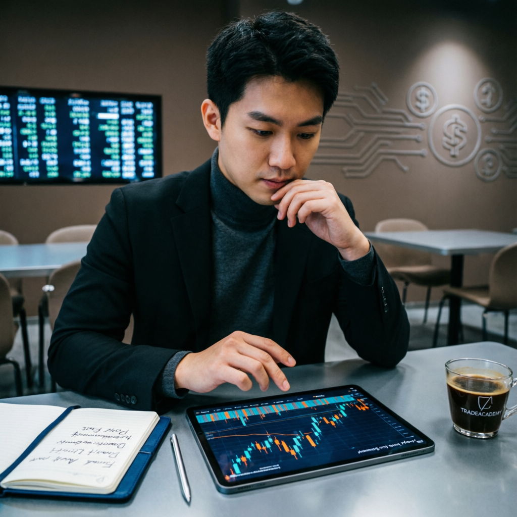 Trader studying prop firm rules on tablet with trading charts and notebook