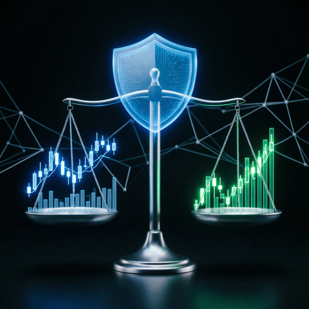 Risk management concept with balanced scale and shield protecting trading charts