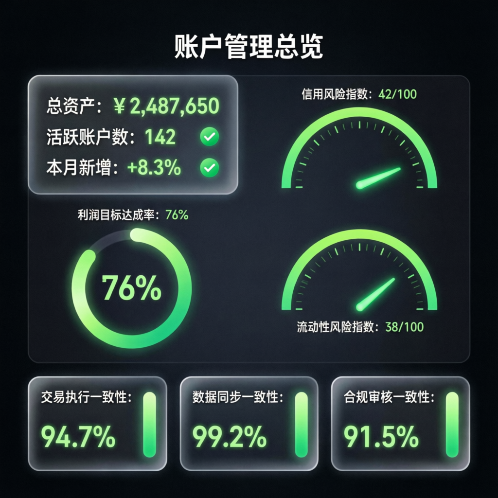 Account management dashboard showing risk metrics and consistency percentages for prop firm trading