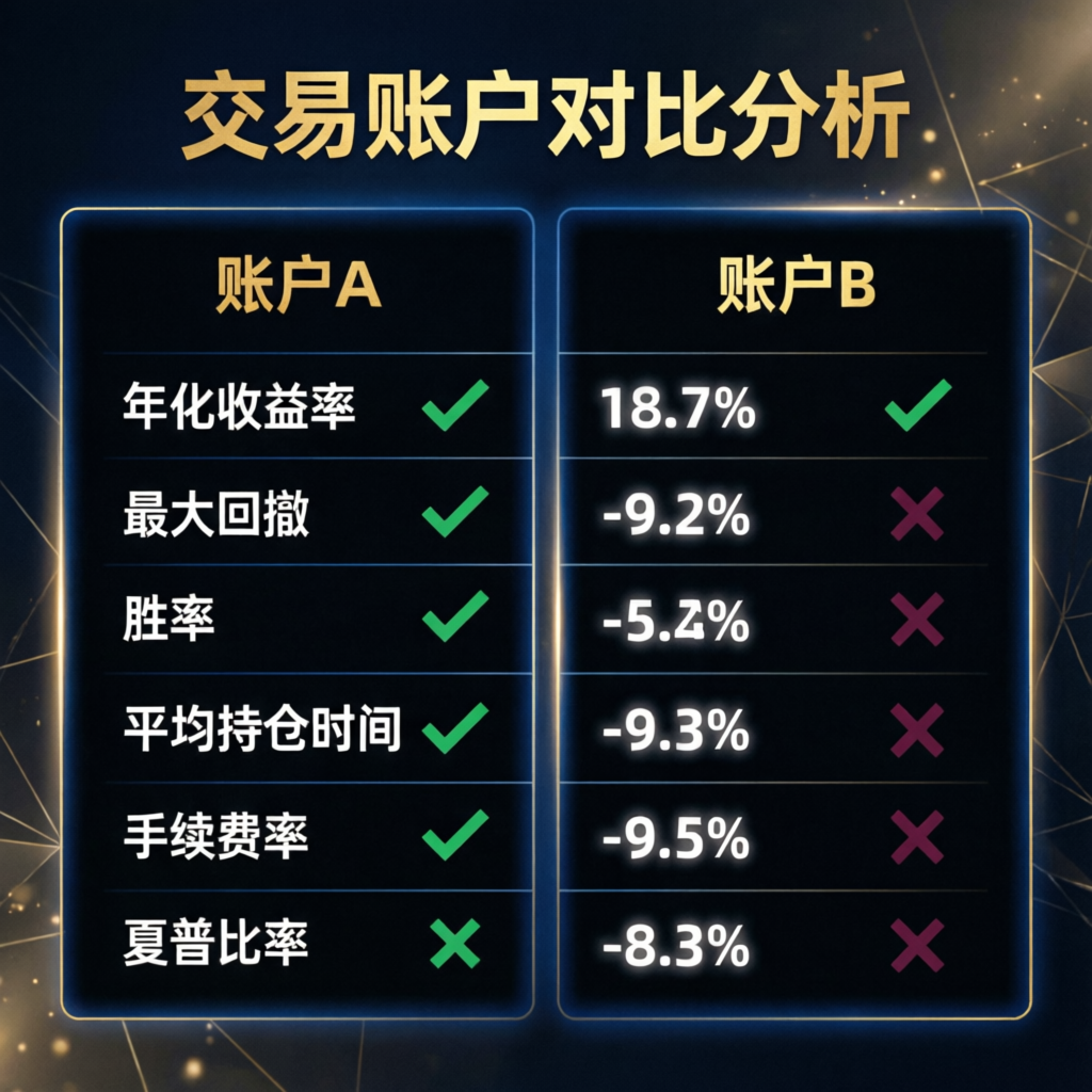 Trading account comparison analysis showing metrics with checkmarks and X marks for prop firm evaluation