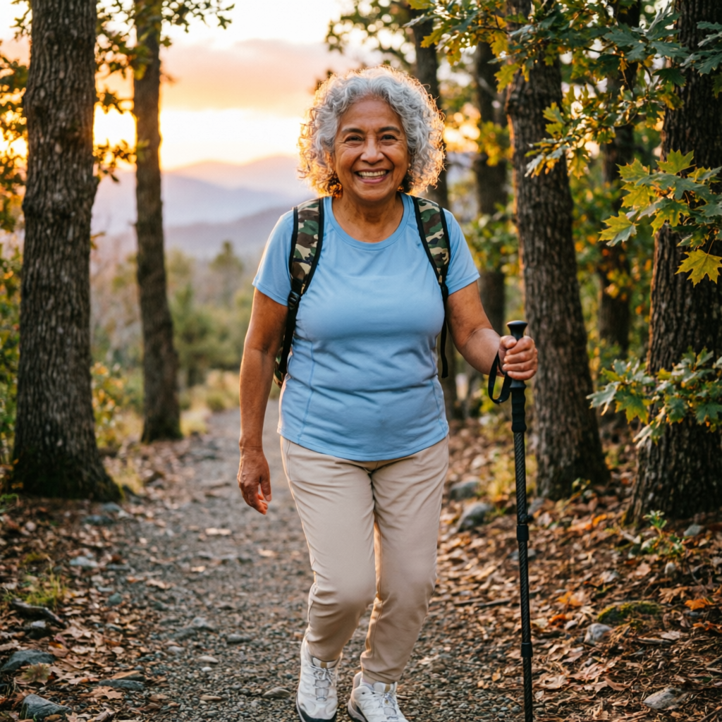 Adulta mayor feliz caminando enérgicamente por un sendero natural al atardecer