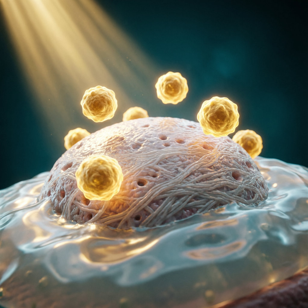 Render médico 3D hiperrealista de células madre doradas y gel plaquetario reparando cartílago