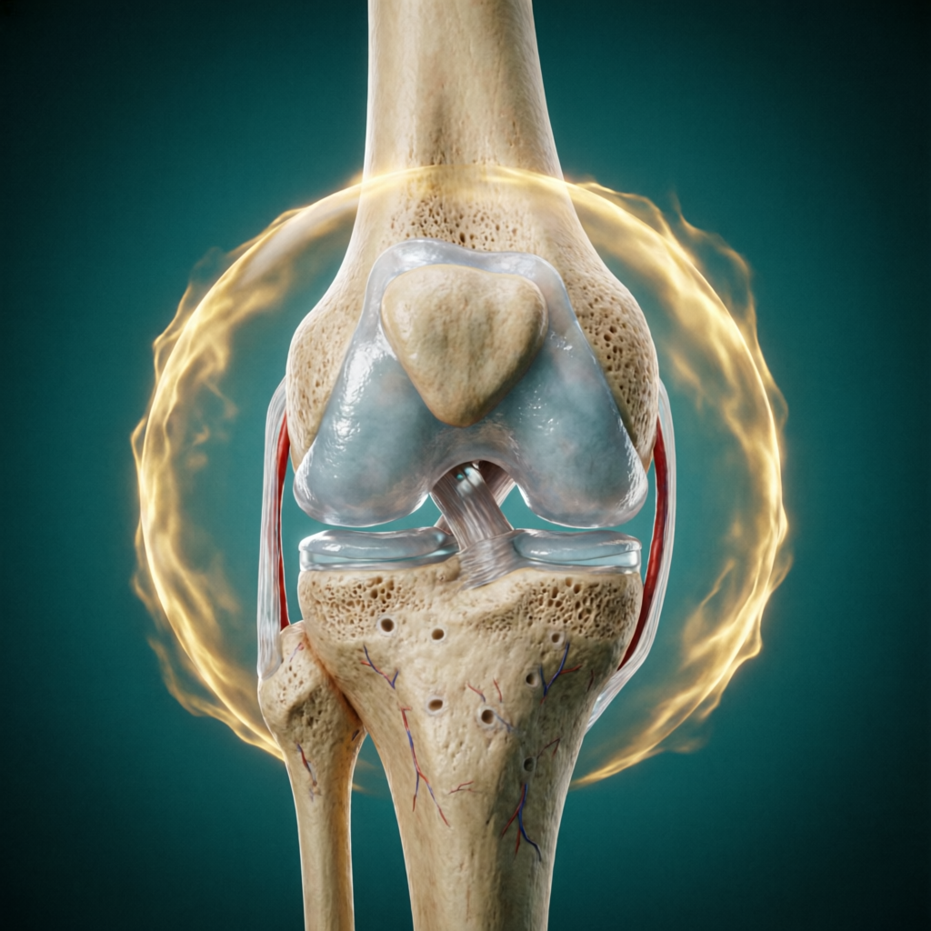 Render 3D hiperrealista de rodilla humana protegida por un escudo dorado