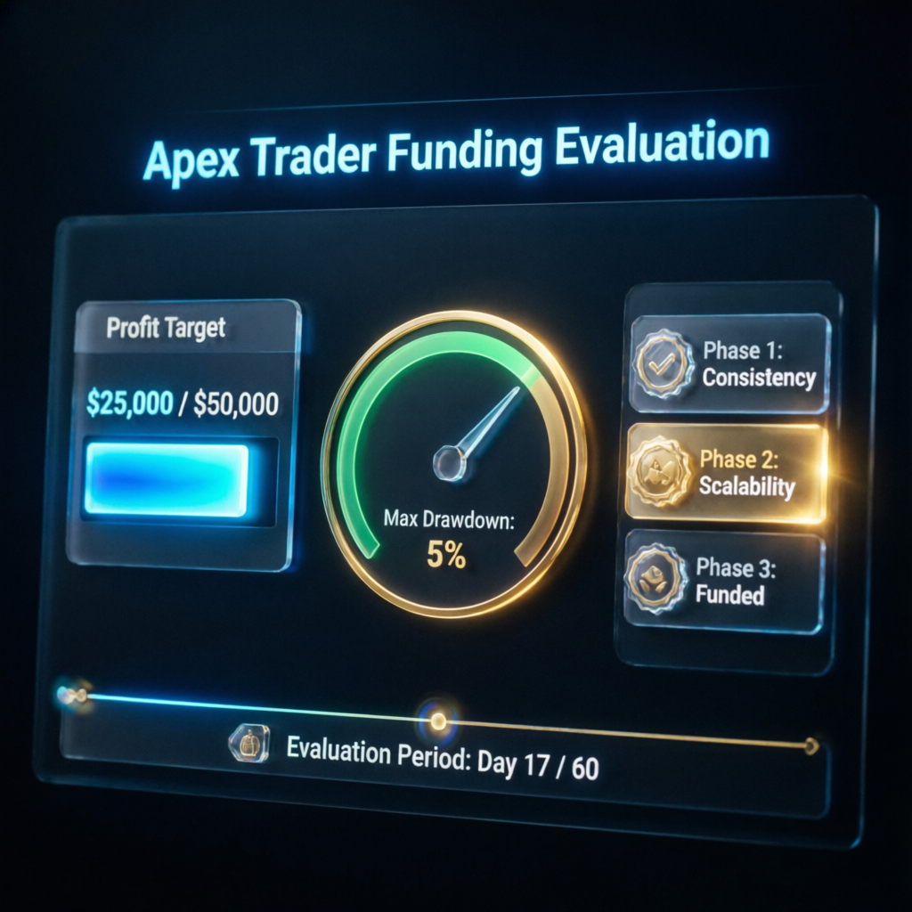 Apex Trader Funding Evaluation Dashboard showing profit target, max drawdown, and evaluation phases