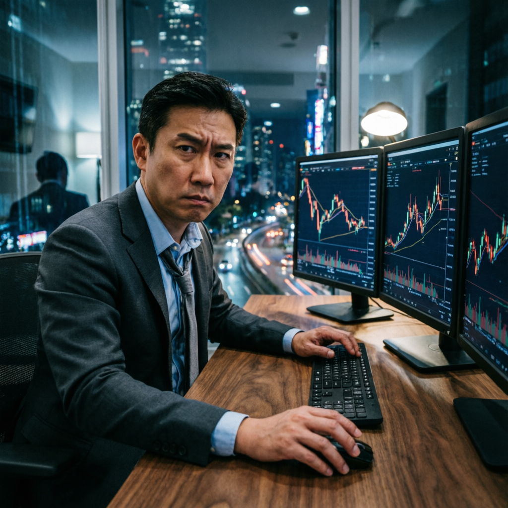 Professional futures trader analyzing multiple chart screens in premium trading office