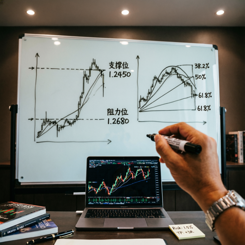 Trading strategy whiteboard with technical analysis patterns and risk management notes