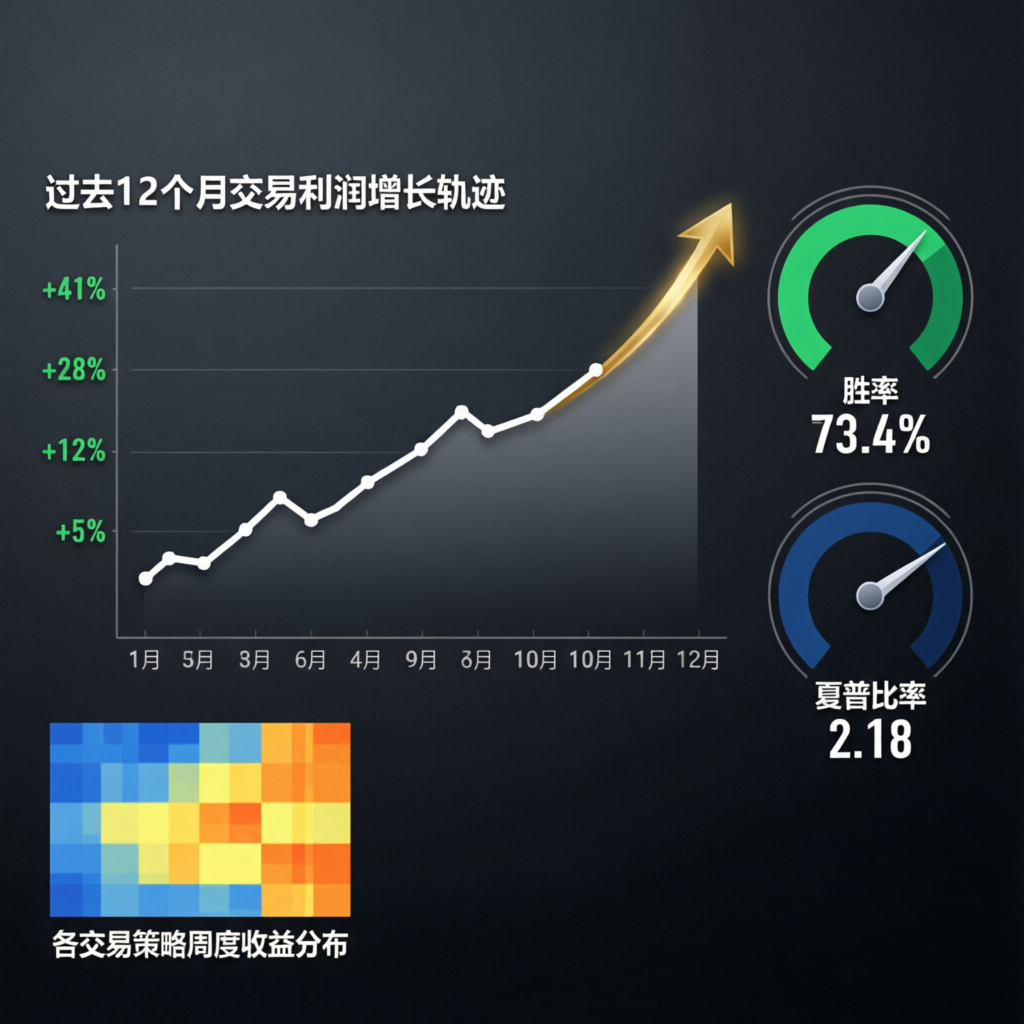 Trading performance analytics showing profit growth trajectory and win rate metrics
