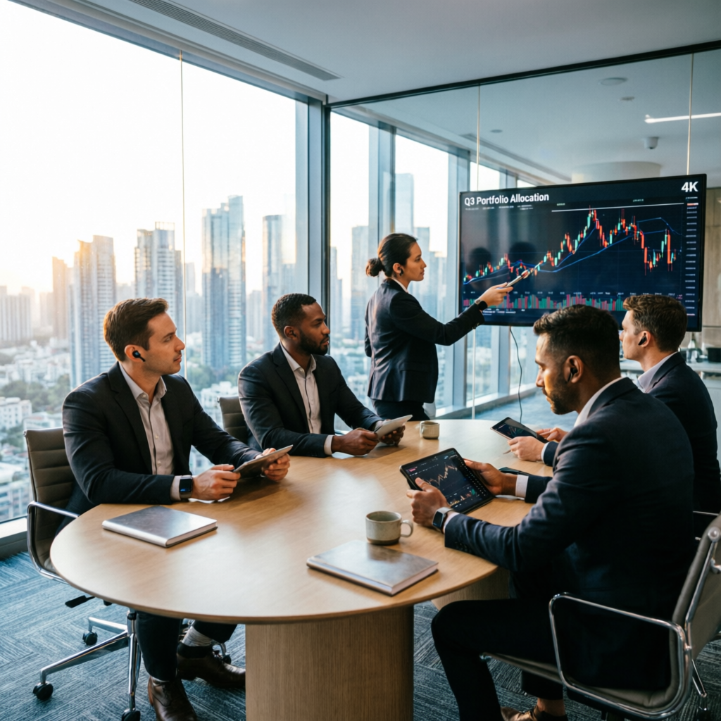 Professional trading team analyzing portfolio allocation and consistency metrics