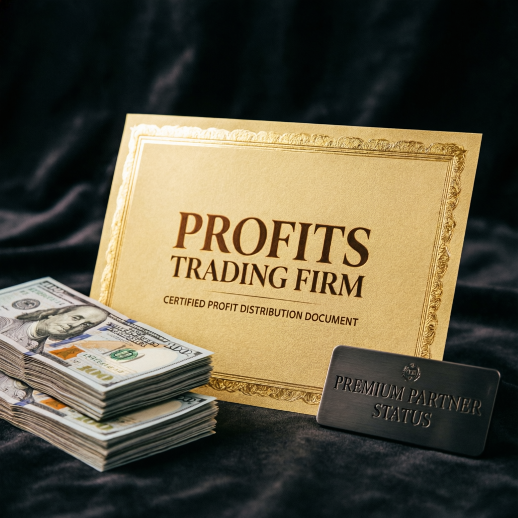 Premium payout certificate and profits document representing successful funded trading