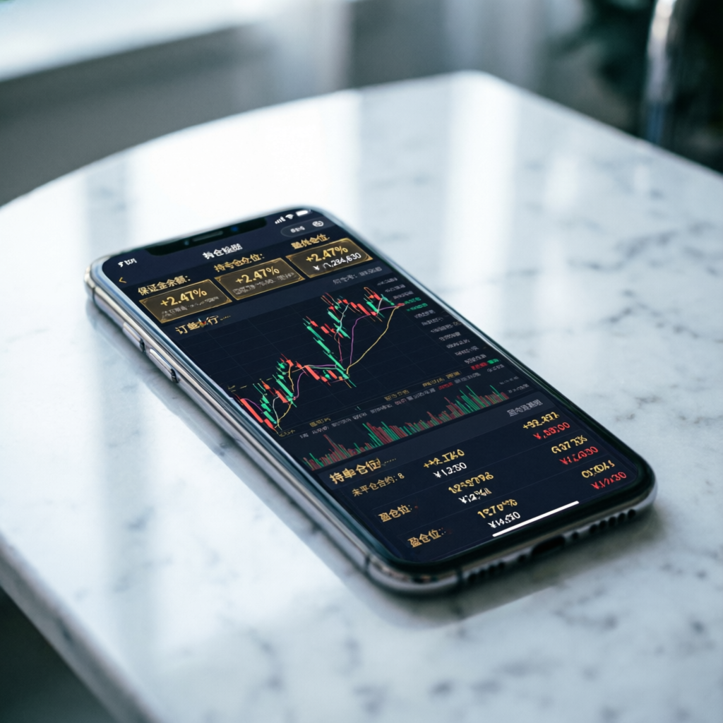 Mobile trading app showing futures trading dashboard with profit metrics
