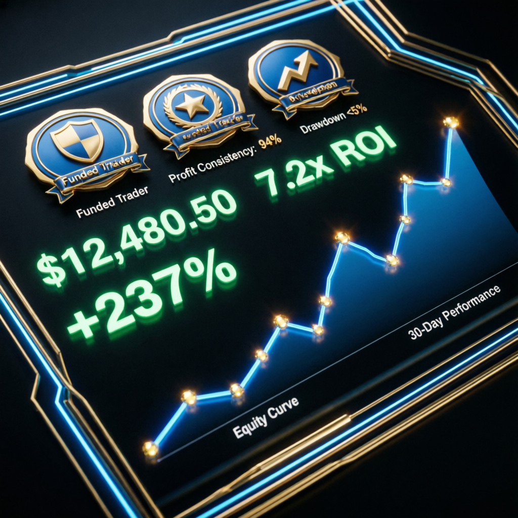 Funded trader payout success visualization showing profit growth and performance metrics