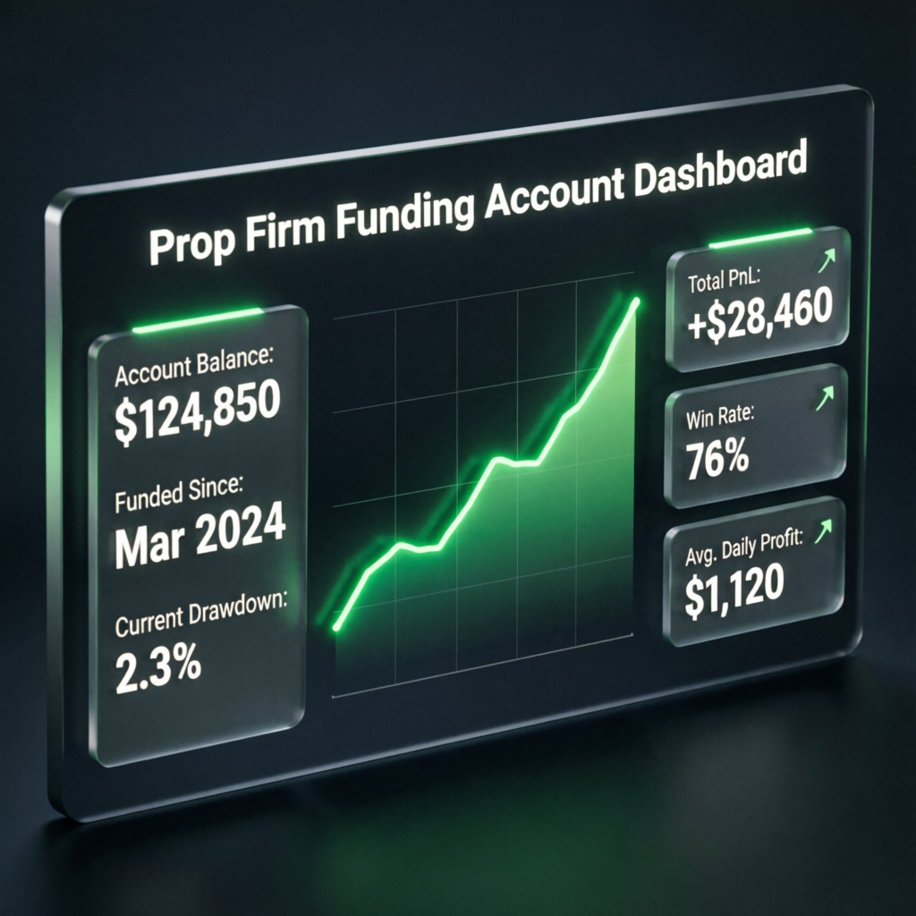 Prop Firm Funding Account Dashboard showing account balance, PnL, and win rate - Maven Trading Payout Proof