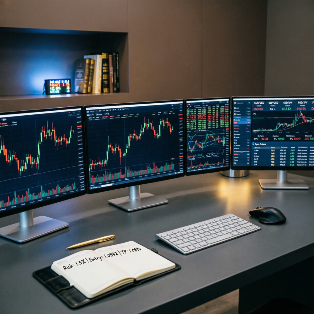 Professional trading desk with multiple monitors showing forex charts - Prop Funded Kings