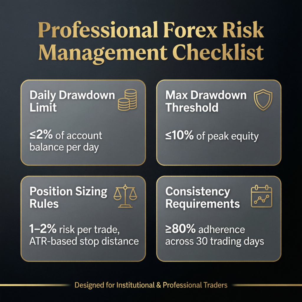 Professional Forex Risk Management Checklist - Daily Drawdown, Max Drawdown, Position Sizing, Consistency