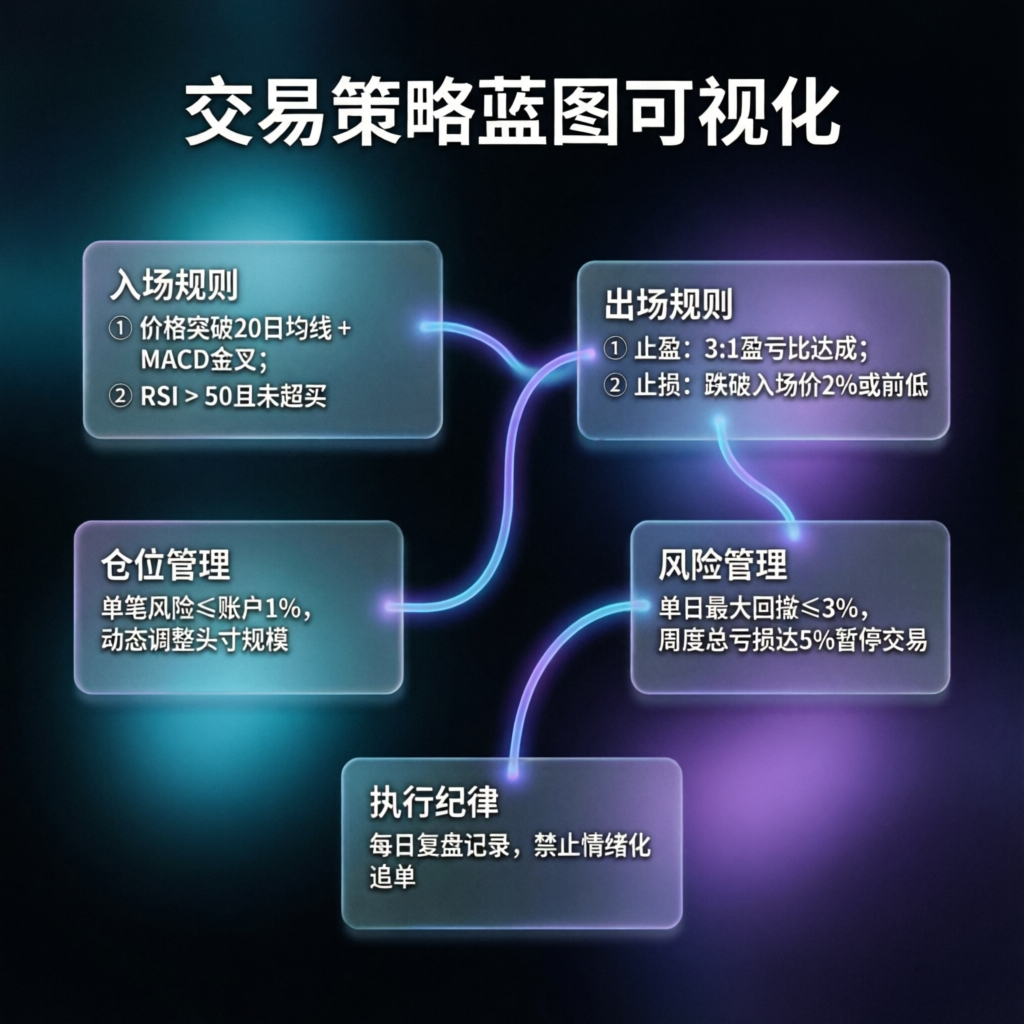 Trading strategy blueprint showing entry rules, exit rules, position management, and risk management flowchart