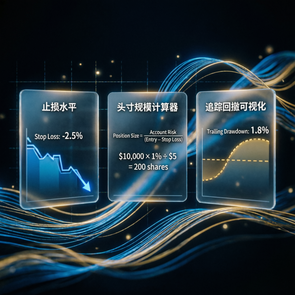 Risk management visualization showing stop loss levels, position sizing calculator, and trailing drawdown metrics