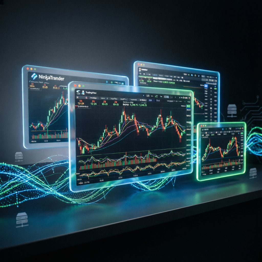 NinjaTrader and TradingView platform integration showing multiple trading windows with futures charts