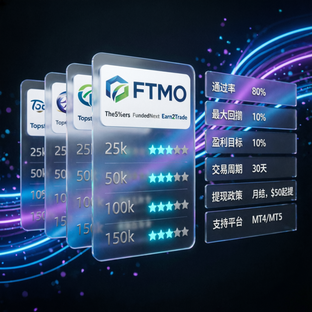 Prop firm comparison showing different account sizes 25k 50k 100k 150k with ratings and features