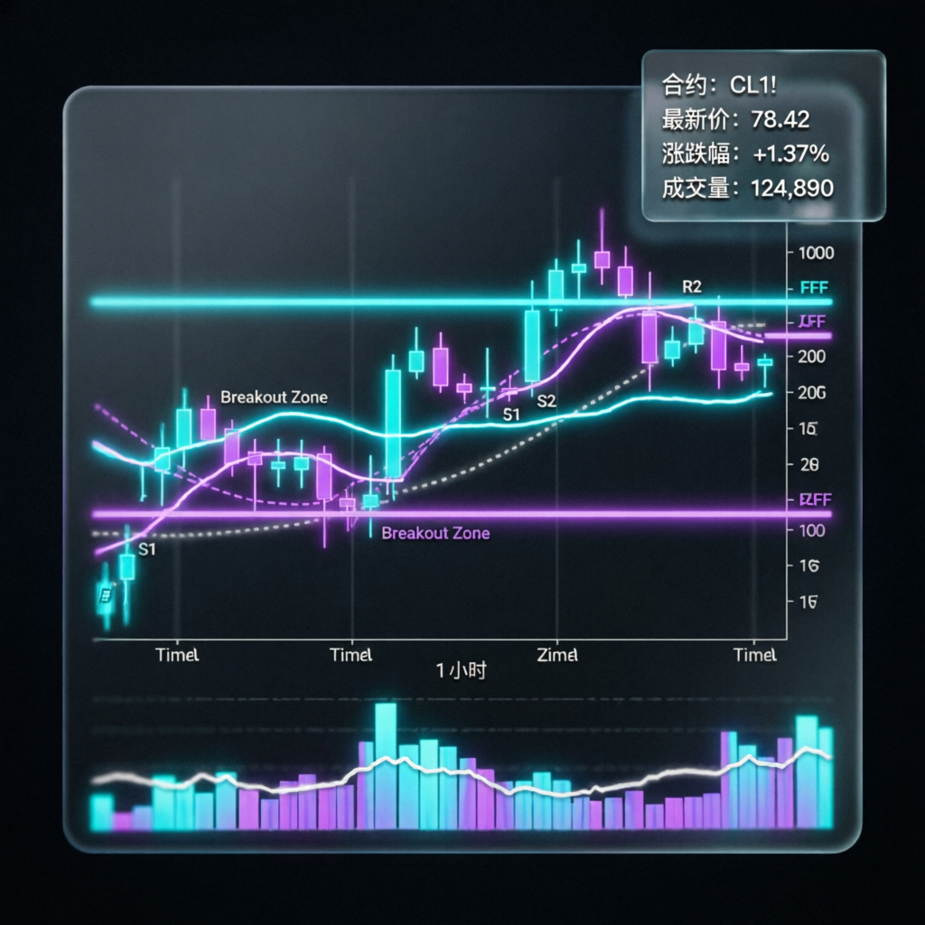 Professional futures trading chart with candlestick patterns, support resistance levels, and volume indicators