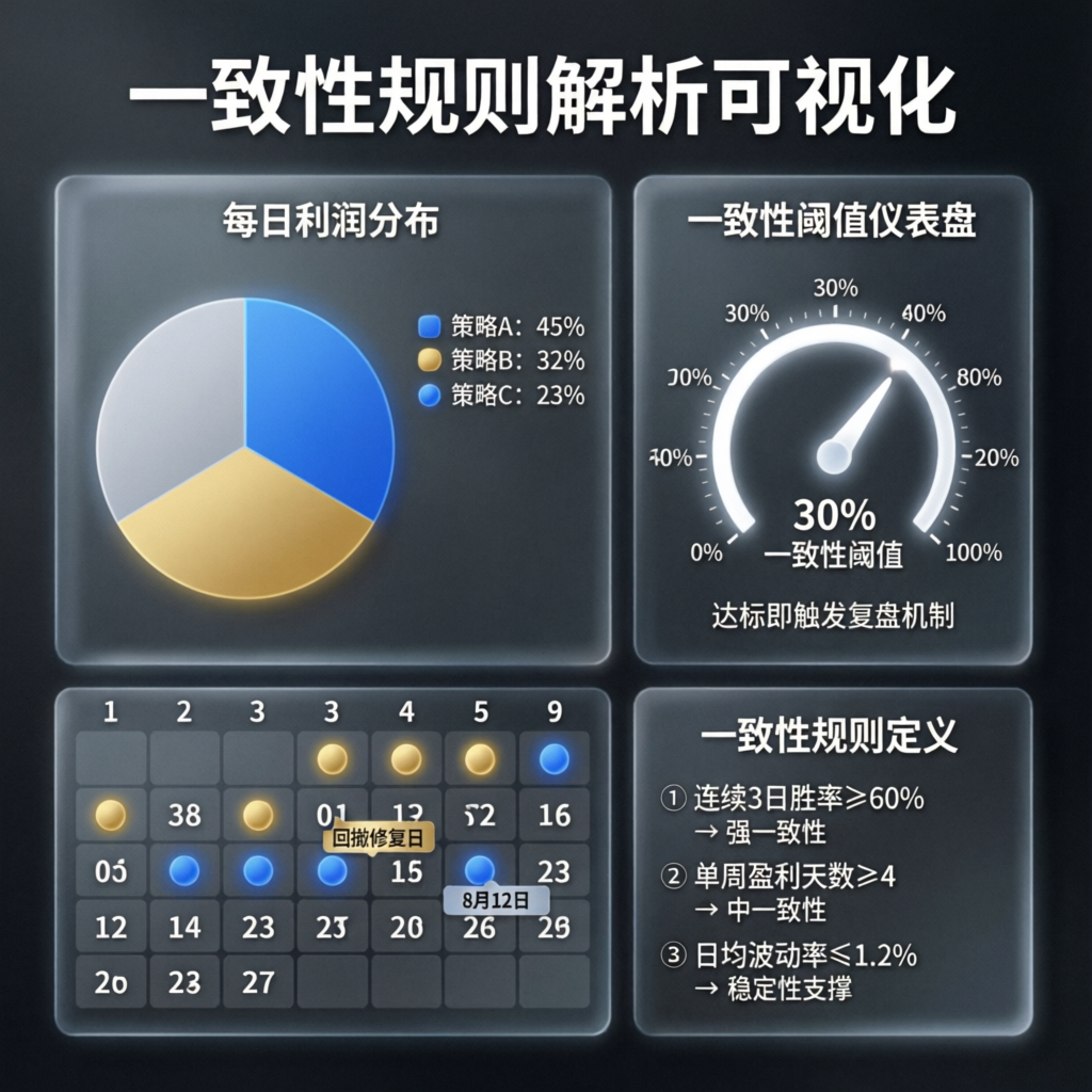 Consistency rule visualization showing daily profit distribution pie chart and 30% threshold meter