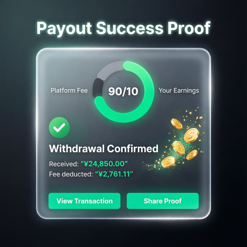Payout success proof showing 90/10 profit split, withdrawal confirmed, and transaction details