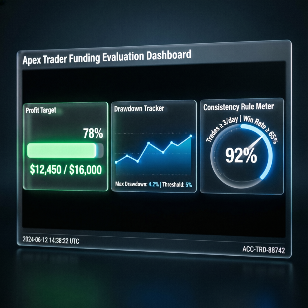Apex Trader Funding evaluation dashboard showing profit target progress, drawdown tracker, and consistency rule meter