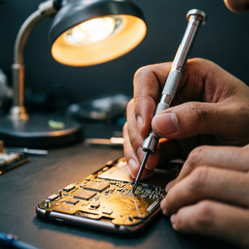 Técnico de Staval reparando la placa de un celular bajo luz cálida