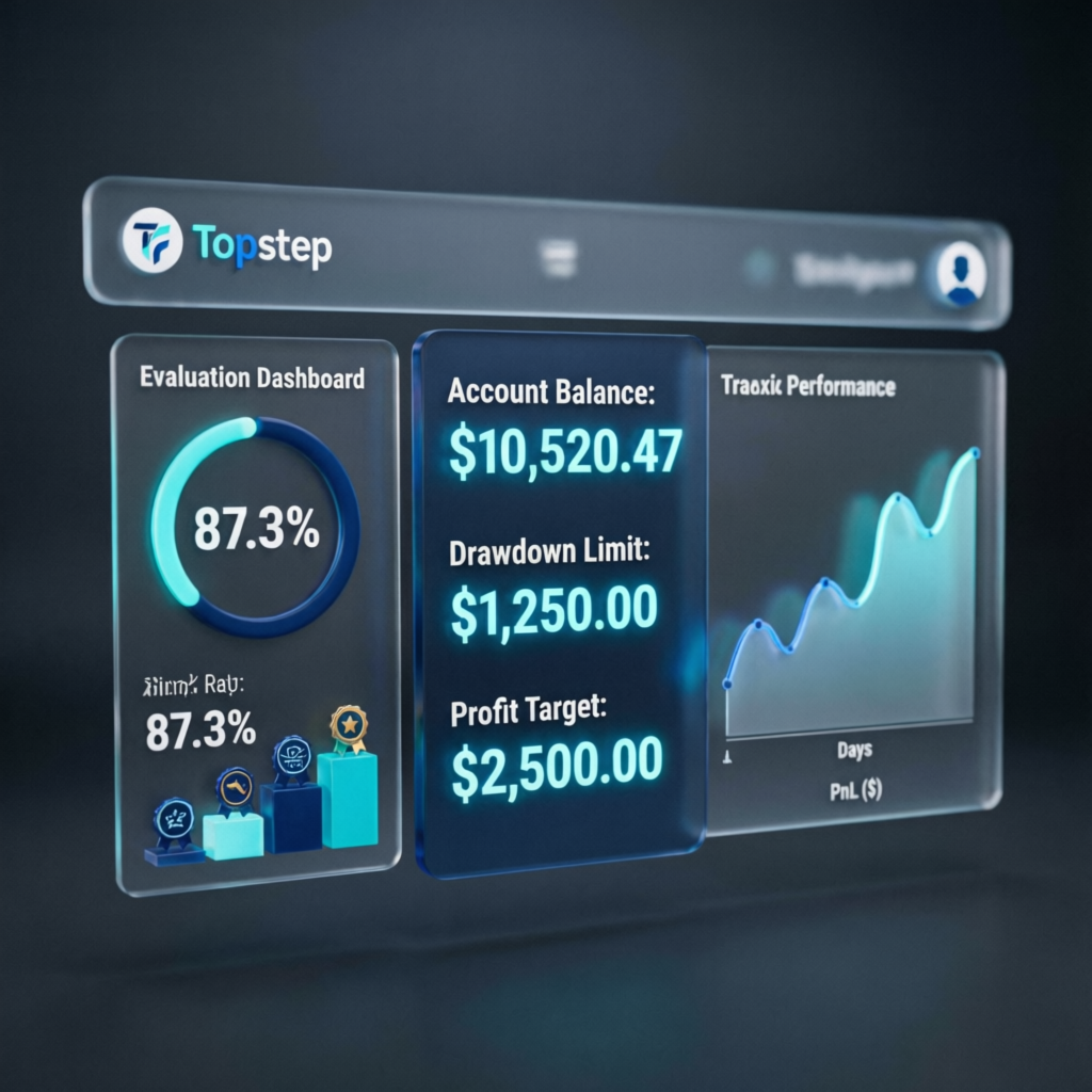 Topstep trading platform evaluation dashboard showing account balance, drawdown limit, and profit target metrics