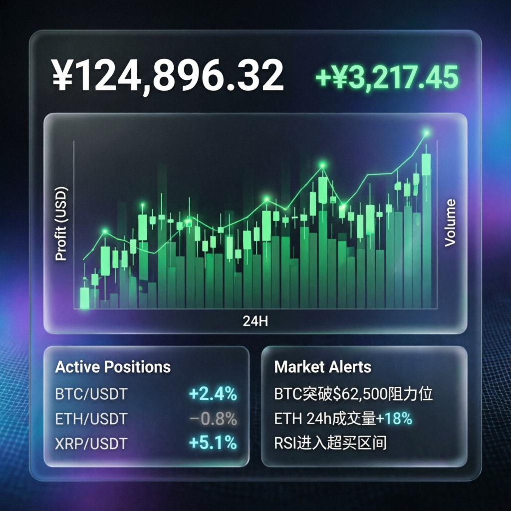 Modern trading dashboard interface showing profit charts, account balance, and risk metrics