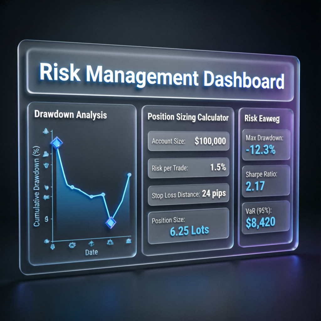 Risk management dashboard showing drawdown analysis and position sizing calculator for Topstep traders